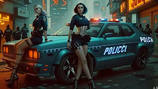 Free Stock Videos - AI animation - cyberpunk women police officers with cyberpunk car beside