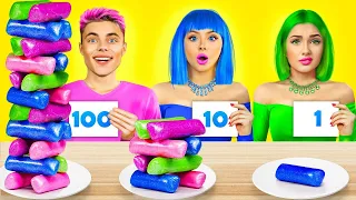 Desafío de comida rosa vs verde vs azul | 100 capas de dulces todo el día por RATATA CHALLENGE