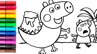 Drawing and Coloring Peppa Pig Running away from the Dinosaur George Pig 🐷 Drawings for Children