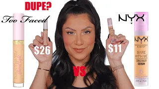 DUPE? NYX VS TOO FACED HYDRATING SERUM CONCEALER + WEAR TEST *dry undereyes*| MagdalineJanet