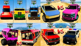 Tesla Truck vs Monster Bus vs Police VAN vs Cybertruck vs Ambulance - GTA V Cars Mod