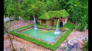 16Days Build Modern swimming pool & Build Underground House,grass roof