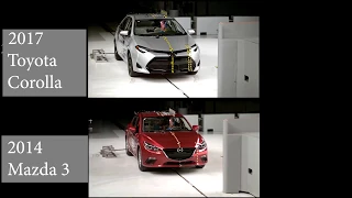 2014 Mazda 3 hatchback vs 2017 Toyota Corolla driver side small overlap IIHS crash test!