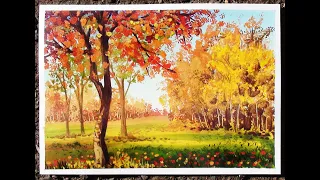 How to draw a BEAUTIFUL LANDSCAPE with gouache. "AUTUMN". Step by step drawing for beginners.