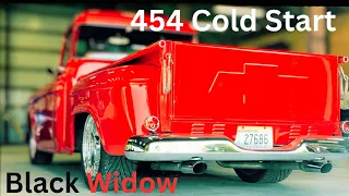 Hear cold start of a 454 with black widow mufflers.