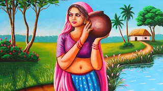 Village girl with water pitcher | Indian village women drawing and painting