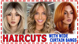 40 Hairstyles 2024💕 with wide curtain Bangs.Medium length hairstyles with different colors.