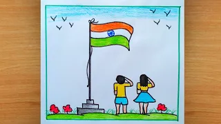 How to Draw Students Saluting Flag of India || Indian Flag Drawing Easy