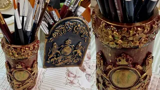 Декор карандашницы, ручная работа. Классика. Кракелюр из клея.Pencil holder decor, handmade.Classic.