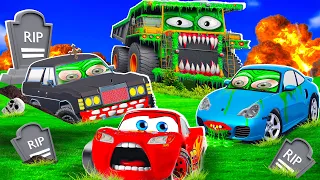 Big & Small:McQueen and Mater VS Hearse ZOMBIE, cemetery MEGA Slime Trailer cars in BeamNG.drive