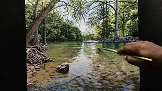 Painting a Beautiful River Side Landscape With Acrylics | Time lapse /86