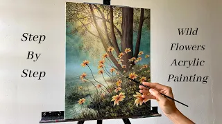 How to PAINT Wildflowers Forest Landscape | ACRYLIC PAINTING