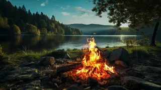 Campfire 4K - Relaxing 4K 1 hour Lakeside Fire at Sunrise