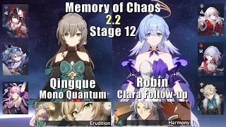 E6 Qingque Mono Quantum & E0 Robin Clara FuA | Memory of Chaos 12 2.2 | 3 Stars | Honkai: Star Rail