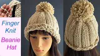 How To Finger Knit a Beanie Hat | Finger Knitting Cap | No Crochet woolly Winter Hat | छोटी गोल टोपी