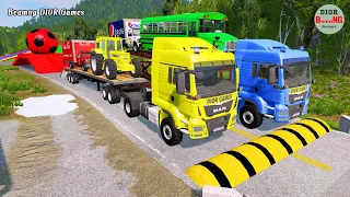 Double Flatbed Trailer Truck vs speed bumps|Busses vs speed bumps|Beamng Drive|529