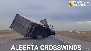 Extreme Alberta winds causes semi truck to tip over