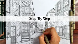 How to Draw Using Multiple One Point Perspective | Buildings on European Street | Step By Step