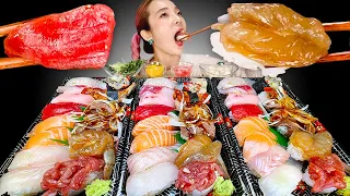 [Mukbang] Sushi Real sound 모듬초밥 리얼사운드 먹방🍣연어 간장새우 참치 광어 소고기 장어 육회 참숭어 타코와사비😋寿司 gỏi cá ซูชิ ASMR | 쎄미