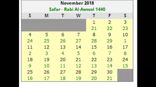 ISLAMIC CALANDAR DATES NOVEMBER-2018