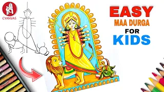 HOW TO DRAW MAA DURGA WITH  OIL PASTEL FOR KIDS STEP BY STEP / MAA DURGA DRAWING / EASY LINE DRAWING