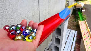 Marble run race ☆ rain gutter + handmade wooden colorful course ASMR