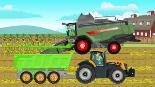 Green Combine Harvester and Tractor on a Big Farm - Animated Farm for Kids