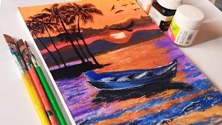 How to Paint Sunset Boat || Easy Sunset Lake Acrylic Painting for Beginners🌄