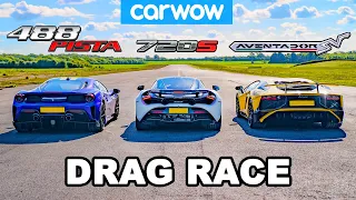 Ferrari 488 Pista vs McLaren 720S  vs Lamborghini Aventador SV: DRAG RACE!