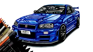 Realistic Car Drawing - Nissan Skyline GT-R R34 - Time Lapse - Drawing Ideas