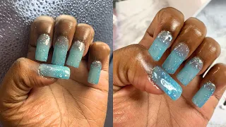 Watch me do blue color changing nails| Watch me work as a beginner nail tech| Long & Square Nails