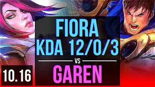 FIORA vs GAREN (TOP) | KDA 12/0/3, Triple Kill, 2 early solo kills, Legendary | EUW Master | v10.16