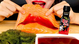 ASMR SALMON SASHIMI + FIRE SAUCE + SEA GRAPES MESSY EATING SOUNDS No Talking MUKBANG