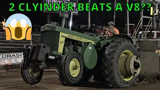John Deere 820 beats huge Massey 1155 with 4x the cylinders!!! Tractor pulling At Schuylkill County