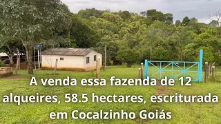 A venda essa fazenda de 12 alqueires, 58.5 hectares, escriturada em Cocalzinho Goiás