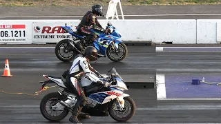GSXR Suzuki vs BMW 1000RR and Aprilia RSV4 vs R1 Yamaha - motorbikes drag racing
