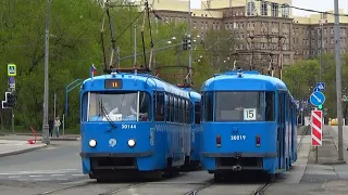 Нашествие трёх сдвоенных трамваев Tatra t3 (МТТЧ) (СМЕ) у метро Щукинская