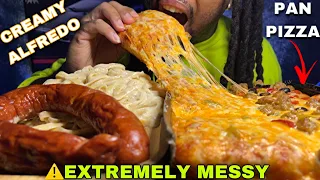 ⚠️EXTREMELY MESSY EATING🤤 RANCH DIP CHEESY PAN PIZZA FETTUCCINE ALFREDO KEILBASA SAUSAGE