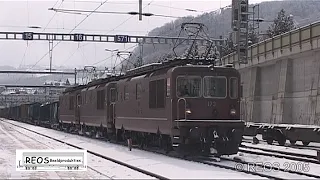 2005-02 [SDw] Bahnhof Spiez in Winter, BLS SBB passenger trains, one freight, some heavy snowfall