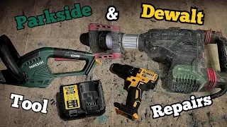 Repairing a Parkside demo hammer, hedge trimmer and a dewalt drill and charger.