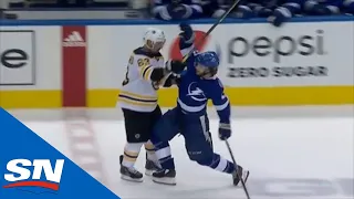 Brad Marchand Grabs Brayden Point's jersey On The Way To Bench