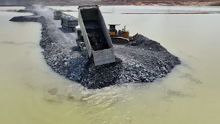 Starting New Road in Big Lake by KOMATSU D61P Bulldozer Pushing Big Stone & Truck Spreading Big Rock