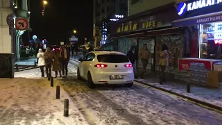 snowfall in galata tower istanbul turkey light show