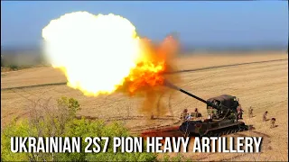 Ukrainian 2S7 Pion Heavy Artillery- Ammo loading and firing at Russian Army Positions.