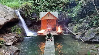 135 Days Bushcraft Alone, How to build a bamboo house in the middle of a waterfall