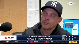 Aaron Boone addresses the media after 7-6 loss to Brewers in extra innings