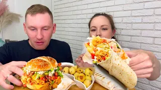 МУКБАНГ Домашние бургеры шаурма Бейби картофель  кисло-сладкий соус  MUKBANG  shawarma burgers