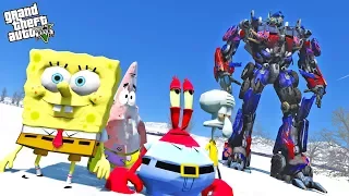 SPONGEBOB SQUIDWARD MR.KRABS PATRICK VS OPTIMUS PRIME - GTA V TRANSFORMERS MOD