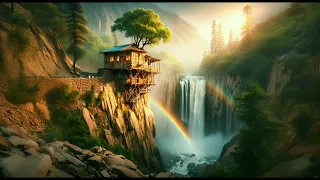 Daylight Nature,ASMR,Ambiance The View of a House next to a rocky Waterfall,rainbow,Relaxation,AFG4