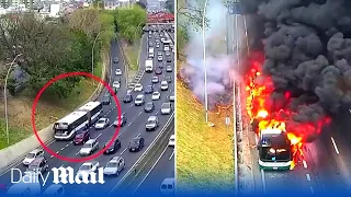 Moment bus sets on fire leaving passengers running for their lives by Buenos Aires